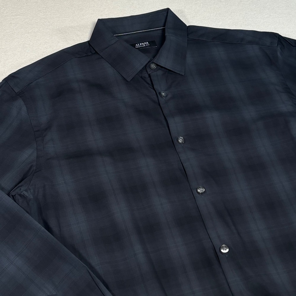 Alfani Mens Regular Fit Plaid Dress Shirt Eclipse Grey Medium Cotton Button Down